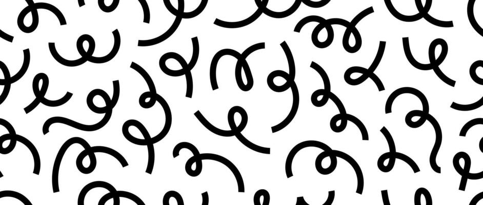 Abstract doodle lines seamless pattern. Black and white serpentine streamer repeating background. Cute childish scribble shapes and curved stripes wallpaper.