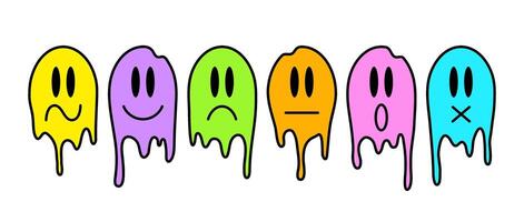 Colorful melt smile faces with different emotions. Cartoon trippy smiley illustrations collection. Design element for prints, posters, stickers. vector