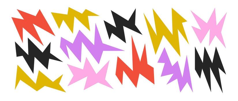 vistoso agudo irregular formas colocar. resumen brillante geométrico nervioso elementos recopilación. asimétrico angular formas para pancartas, collages, carteles, pegatinas, plantillas. diseño manojo. vector