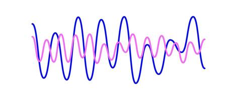 Blue and pink overlapping sound waves. Two sinusoid lines with different frequency and amplitude. Voice or music audio samples. Electronic radio signal graphics. vector