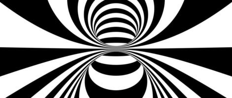 Abstract hypnotic distorted lines background. Black and white optical illusion tunnel wallpaper. Psychedelic twisted stripes pattern. Horizontal template for poster, banner, cover. vector