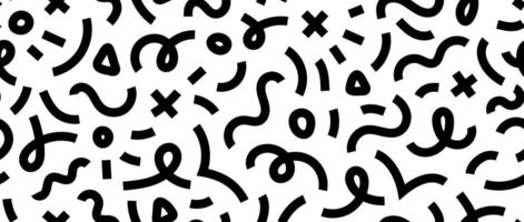 Abstract doodle squiggly lines seamless pattern. Black and white childish scribble repeating background. Childish shapes and curved wavy stripes wallpaper. vector