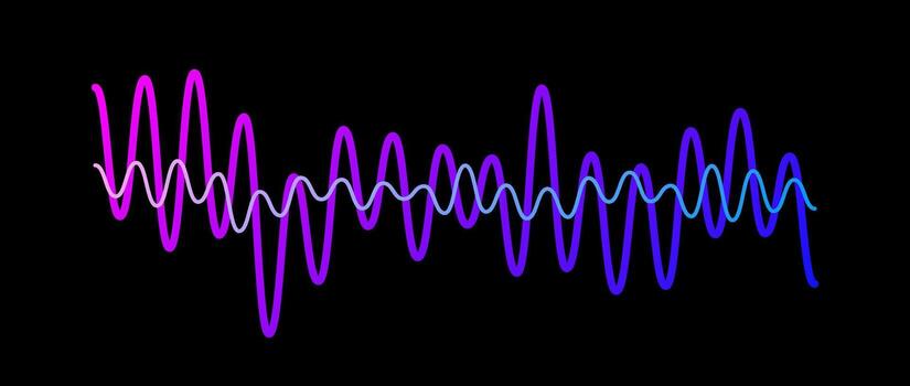 Purple gradient overlapping sound waves. Two sinusoid lines with different frequency and amplitude. Voice or music audio samples. Electronic radio signal graphics on dark background. vector
