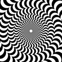 Radial optical illusion background. Black and white abstract semi circles surface. Poster, banner, template design design. Spinning and rotating arc spiral illusion wallpaper. vector