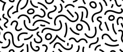 Abstract doodle squiggly lines seamless pattern. Black and white childish scribble repeating background. Basic shapes and curved wavy stripes wallpaper. vector
