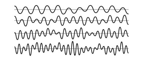 Sinusoid signals set. Black curve sound waves with different frequency and amplitude. Voice or music audio concept. Pulsating lines. Electronic radio graphics collection. Templates bundle vector