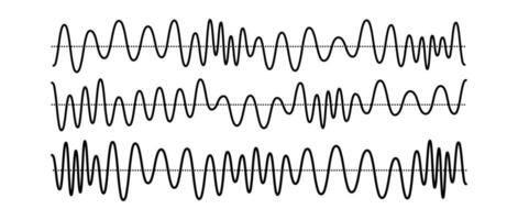 Sinusoid signals set. Black curve sound waves with different amplitude and frequency. Voice or music audio concept. Pulsating lines. Electronic radio graphics collection. Templates bundle vector