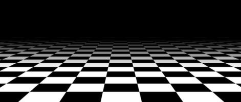 Black and white checkered tile floor fading in perspective. Abstract checkerboard texture landscape. Vanishing horizontal chessboard plane surface. Dark empty room background. vector