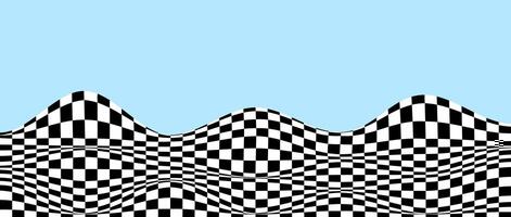 Wavy checkered pattern on blue background. black and white curved warped chessboard floor. Trippy undulate squares texture surface. Landscape terrain concept. Optical illusion wallpaper. vector