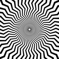 Optical illusion background. Black and white abstract distorted zigzag lines surface. Radial wave poster design. Hypnotic spiral illusion wallpaper. vector