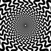 Optical illusion background. Black and white abstract distorted wavy lines surface. Radial waves poster design. Torsion spiral illusion wallpaper. Ornamental illustration vector