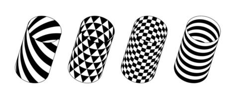 Collection of cylinder with different patterns. Striped and checkered 3d tubes set. Black and white geometric elements for design templates, icons, logo. Abstract tunnels pack vector