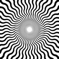 Optical illusion background. Black and white abstract distorted wavy lines surface. Radial waves poster design. Torsion spiral illusion wallpaper. vector