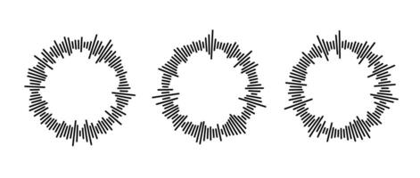 Radial sound waves collection. Round music equalizer bar set. Black linear audio chart pack. Abstract circle radio and voice signal symbol or icon for podcast, app, player. bundle. vector