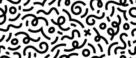 Abstract doodle squiggly lines seamless pattern. Black and white childish scribble repeating background. Basic shapes and curved wavy stripes wallpaper. Monochrome backdrop vector