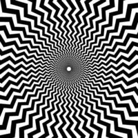 Optical illusion background. Black and white abstract distorted zigzag lines surface. Radial poster design. Hypnotic illusion wallpaper. Ornamental illustration vector