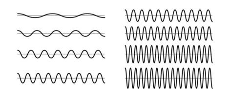 Sinusoid signals set. Black curve sound waves collection. Voice or music audio concept. Pulsating lines. Electronic radio graphics with different frequency and amplitude. vector