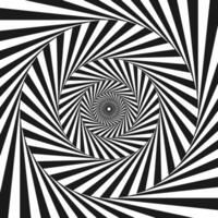Radial optical illusion background. Black and white abstract lines surface in circles. Poster, banner, template design. Spinning and rotating spiral or vortex illusion wallpaper. Opt art vector