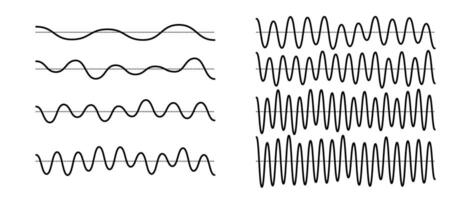 Sinusoid signals set. Black curve sound waves with different frequency and amplitude. Voice or music audio concept. Pulsating lines. Electronic radio graphics collection. bundle vector