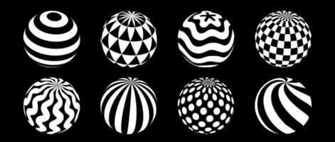Collection of spheres with different patterns. Striped, checkered, waved and dotted 3d balls set. Black and white geometric elements for design templates, icons, logo. Abstract globes pack vector