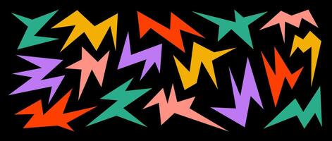Colorful sharp irregular shapes on dark background. Abstract bright geometric edgy elements collection. Asymmetric angular forms for banners, collages, posters, stickers. Design bundle. vector