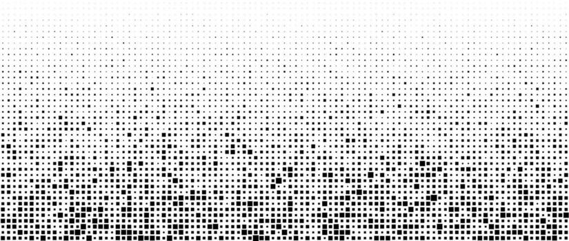 Halftone pixelated gradient background. Faded square particles texture. Dissolving grunge noise wallpaper. Black dots, speckles, pixels wallpaper. Horizontal gritty backdrop vector