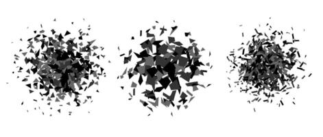Set of debris and shatters in radial shape. Black and grey broken pieces, specks, speckles and particles. Abstract explosion and burst textured elements collection. vector