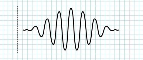 Sinusoid impulse signal on blue grid paper. Black curve sound wave on checkered paper. Voice or music audio concept. Pulse line in school notebook. Sine electronic radio graphic. vector