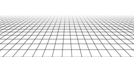 Abstract flat wireframe grid. Vanishing checkered floor landscape. Horizontal chessboard plane fading in perspective. Black and white lattice surface background. vector