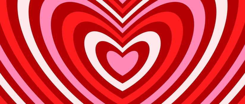Groovy hypnotic hearts background. Red and pink romantic cute pattern. Concentric repeating heart design in retro style. Abstract horizontal valentines wallpaper. vector