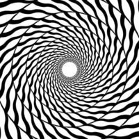 Radial optical illusion background. Black and white abstract wavy lines surface in circles. Poster, banner, template design. Spinning spiral illusion wallpaper. Op art illustration vector