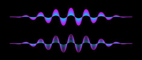 Pair of purple blue gradient sound waves. Two neon pink blue sinusoid lines. Voice or music audio design element for flyer, poster, banner. Radio signal graphic samples on dark background. vector
