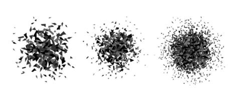 Set of debris and shatters in radial shape. Black and grey broken smashed pieces, specks, speckles and particles. Abstract explosion and burst textured elements collection. vector