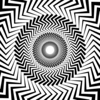 Optical illusion background. Black and white abstract distorted zigzag lines surface. Radial jagged poster design. Hypnotic spiral illusion wallpaper. vector