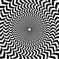 Radial optical illusion background. Black and white abstract surface in circles. Poster, banner, template design design. Spinning and rotating spiral illusion wallpaper. vector