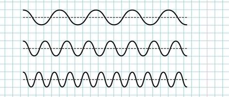 Sinusoid signals set on blue grid paper. Black curve sound wave on checkered paper. Voice or music audio concept. Pulsating line in school notebook. Sine electronic radio graphics bundle. vector
