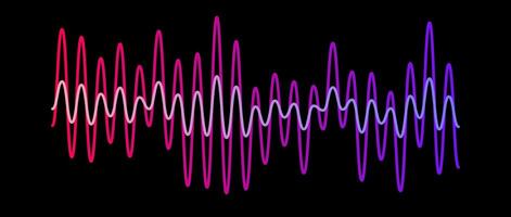 Purple red gradient overlapping sound waves. Two sinusoid lines with different amplitudes. Voice or music audio samples. Electronic radio signal graphics on dark background. vector
