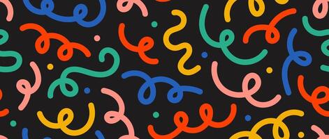 Abstract doodle lines seamless pattern. Bright colorful confetti and serpentine streamer repeating background. Cute childish scribble shapes and curved stripes wallpaper and backdrop vector