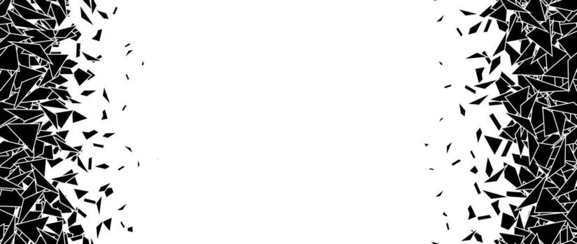 Debris and shatters in vertical repeating border. Black broken triangle pieces, specks, speckles, particles, shivers. Abstract explosion and disintegrating textured background. vector