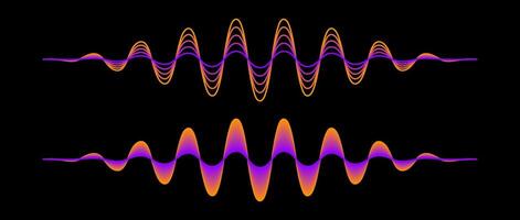 Pair of purple orange gradient sound waves. Two neon pink yellow sinusoid lines. Voice or music audio design element for flyer, poster, banner. Radio signal graphic samples on dark background. vector