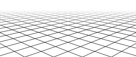 Fading diagonal wireframe grid. Vanishing checkered tile floor landscape. Horizontal chessboard plane in perspective. Black and white flat lattice surface background. vector