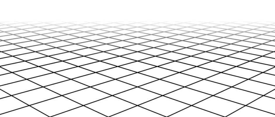 Fading diagonal wireframe grid. Vanishing checkered tile floor landscape. Horizontal chessboard plane in perspective. Black and white flat lattice surface background.