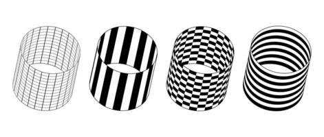 Collection of cylinder with different patterns. Wireframe, striped and checkered 3d tubes set. Black and white geometric elements for design templates, icons, logo. Abstract tunnels pack vector