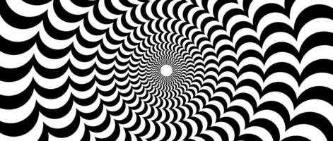 Radial optical illusion background. Black and white abstract semi circles surface. Poster, banner, template design. Spinning and rotating arc spiral illusion wallpaper. Horizontal illustration vector