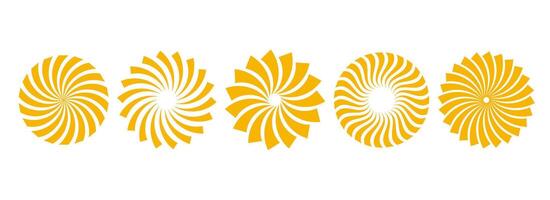 Golden curled sunburst collection. Stylized radial spinning elements. Yellow geometric round twisted rays, beams or stars pack. Circles concept symbols for banner, badge, sticker, poster vector