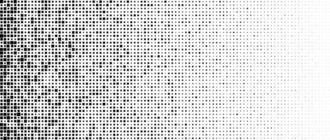 Halftone pixelated gradient background. Faded square particles texture. Dissolving grunge noise wallpaper. Black dots, speckles, pixels, specks wallpaper. Horizontal gritty backdrop vector
