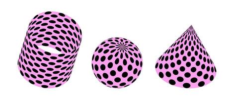 Set of pink 3d shapes with black dots. Colorful cone, cylinder and sphere design elements for templates, posters, flyers, banners. Geometric forms collection vector