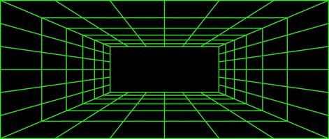 Green neon wireframe grid room. 3d perspective background. Futuristic digital outline space. Geometric design. Template illustration vector