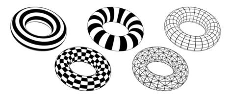 Set of torus with different patterns. Wireframe circle object with lines, dots, squares. 3d grid circular forms. Checkered, striped, wired tore element collection. pack vector