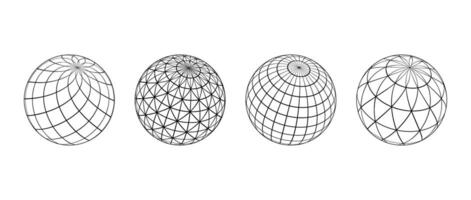 Wireframe spheres collection. 3d outline globes with different grid patterns. Black geometric circle elements for design templates, icons, logo. Abstract balls with connected lines. vector